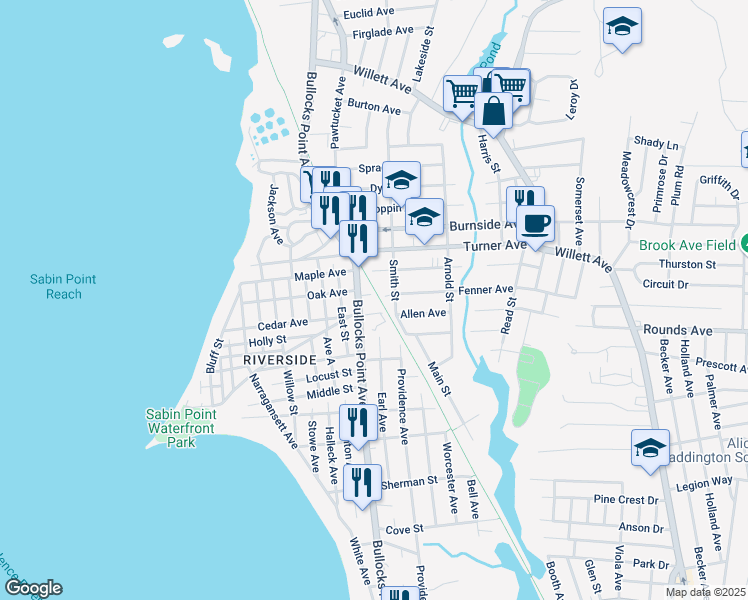 map of restaurants, bars, coffee shops, grocery stores, and more near 314 Bullocks Point Avenue in East Providence