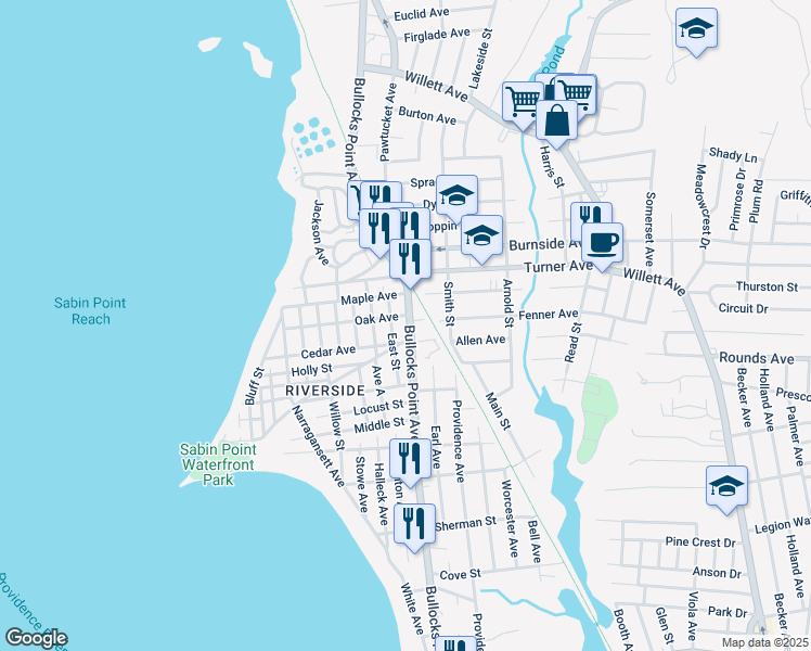 map of restaurants, bars, coffee shops, grocery stores, and more near 314 Bullocks Point Avenue in East Providence