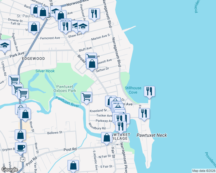 map of restaurants, bars, coffee shops, grocery stores, and more near 2072 Broad Street in Cranston