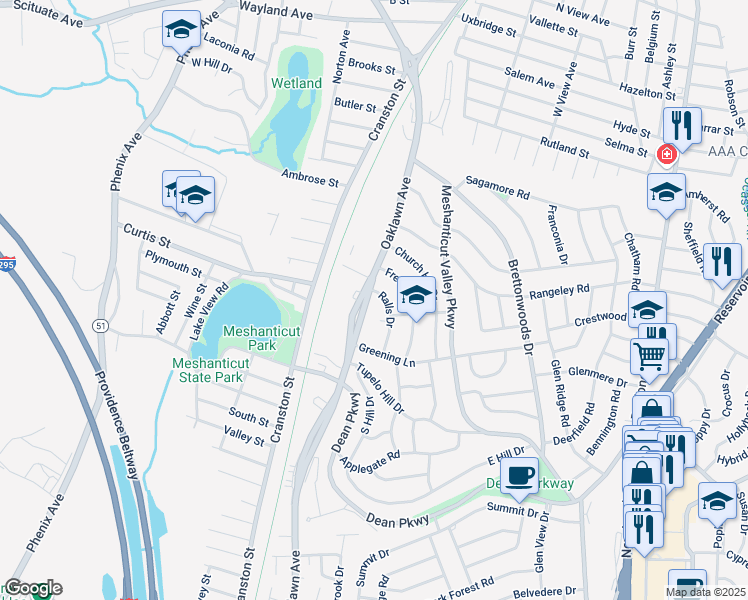 map of restaurants, bars, coffee shops, grocery stores, and more near 230 Oaklawn Avenue in Cranston