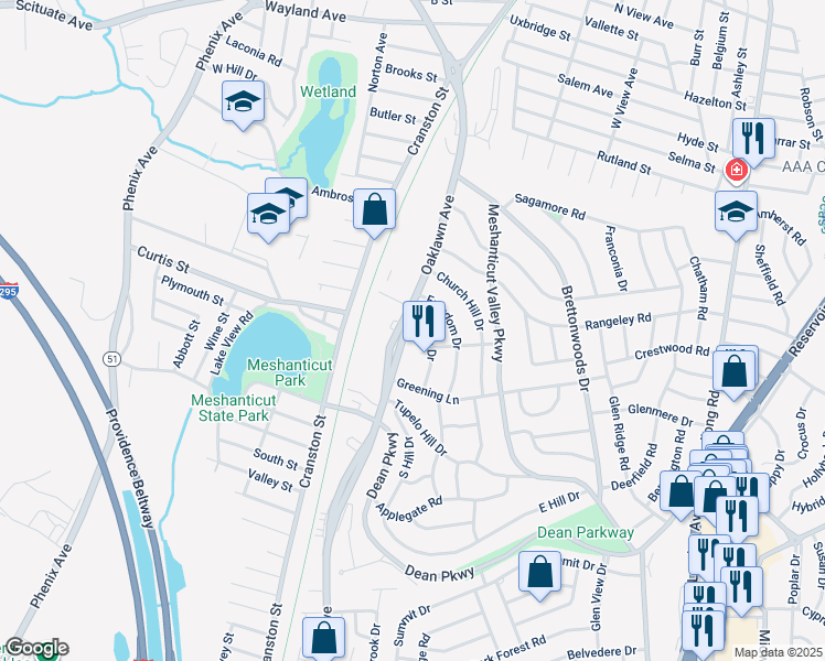 map of restaurants, bars, coffee shops, grocery stores, and more near 230 Oaklawn Avenue in Cranston