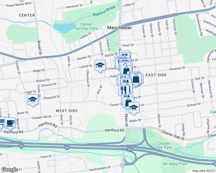 map of restaurants, bars, coffee shops, grocery stores, and more near 46 Saint James Street in Manchester