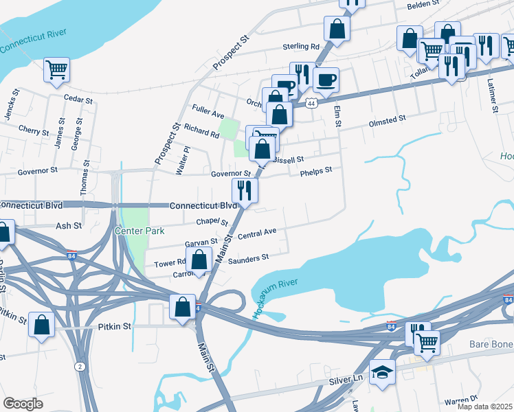 map of restaurants, bars, coffee shops, grocery stores, and more near 860 Main Street in East Hartford