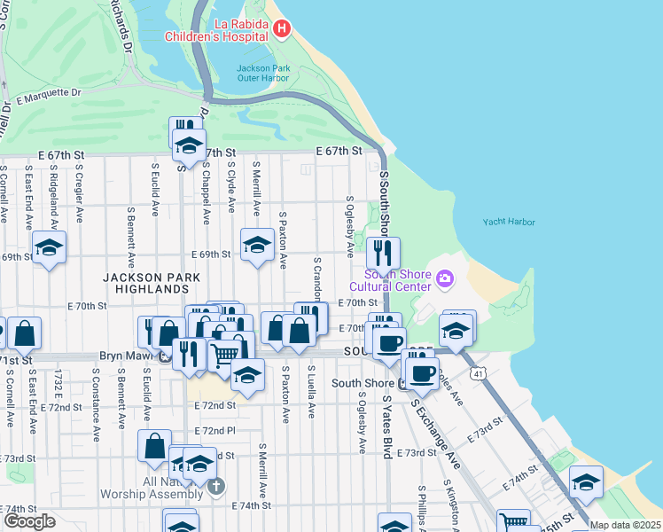 map of restaurants, bars, coffee shops, grocery stores, and more near 6926 South Oglesby Avenue in Chicago