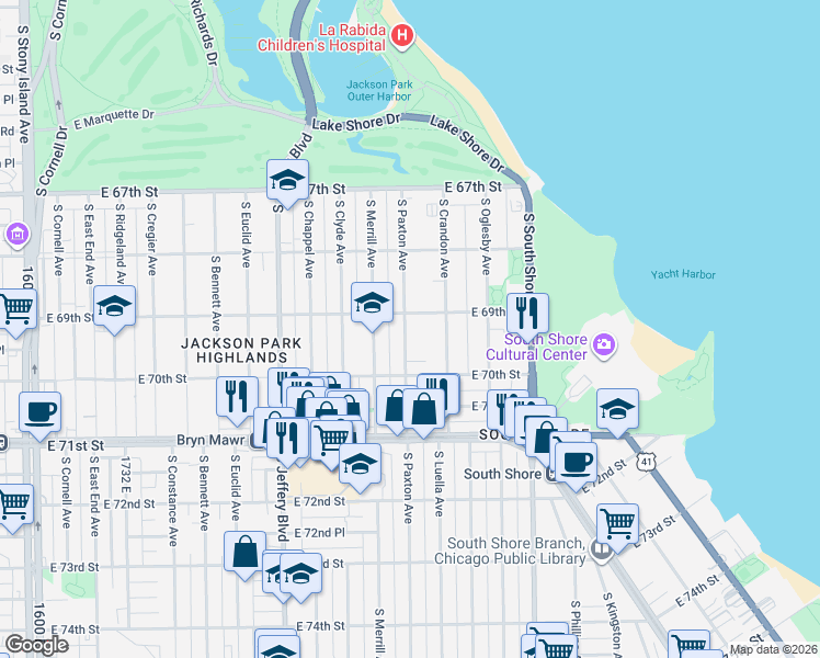 map of restaurants, bars, coffee shops, grocery stores, and more near 6917 South Paxton Avenue in Chicago