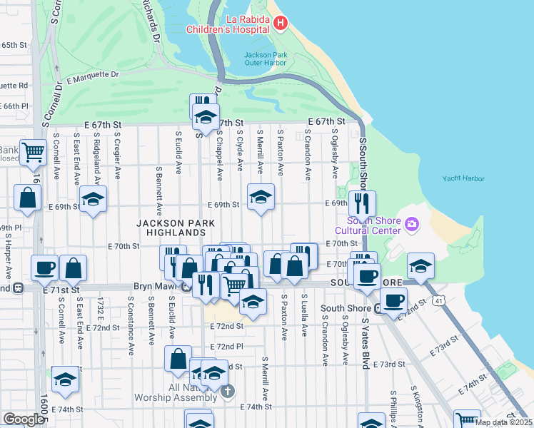 map of restaurants, bars, coffee shops, grocery stores, and more near 6940 South Merrill Avenue in Chicago