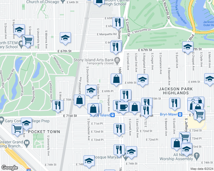 map of restaurants, bars, coffee shops, grocery stores, and more near 1500 East 69th Place in Chicago
