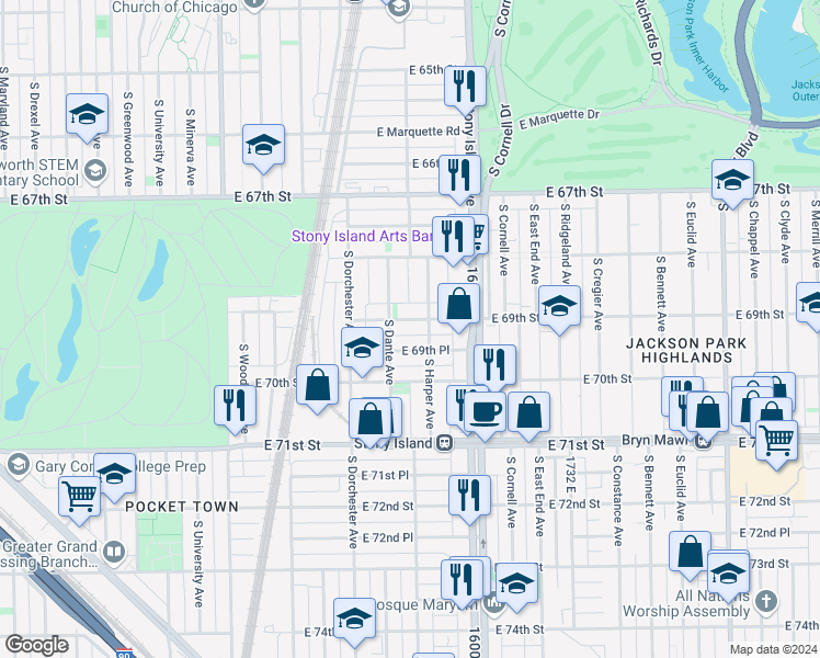 map of restaurants, bars, coffee shops, grocery stores, and more near 1500 East 69th Place in Chicago
