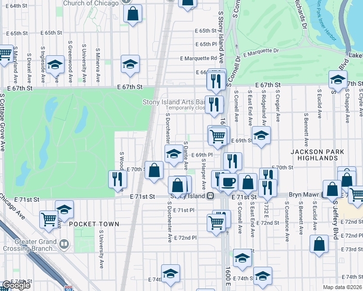 map of restaurants, bars, coffee shops, grocery stores, and more near 6923 South Dante Avenue in Chicago
