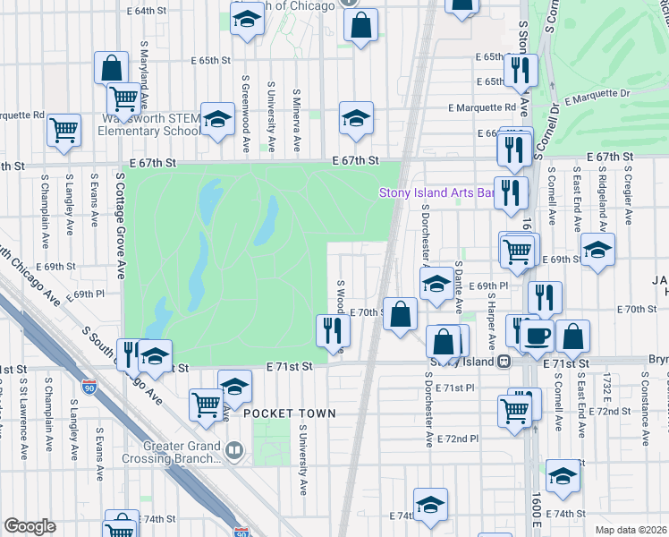 map of restaurants, bars, coffee shops, grocery stores, and more near 6928 South Woodlawn Avenue in Chicago