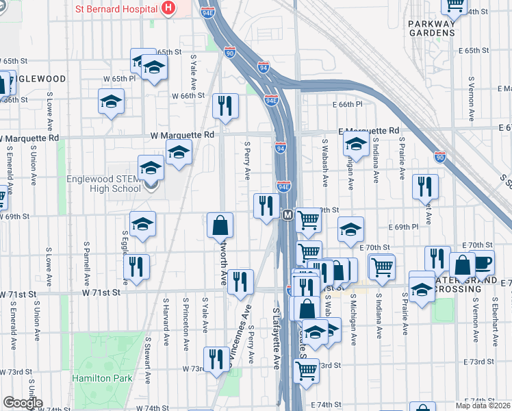 map of restaurants, bars, coffee shops, grocery stores, and more near 6900 South Perry Avenue in Chicago