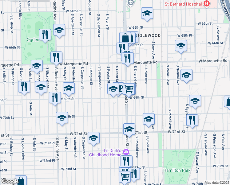 map of restaurants, bars, coffee shops, grocery stores, and more near 846 West 69th Street in Chicago