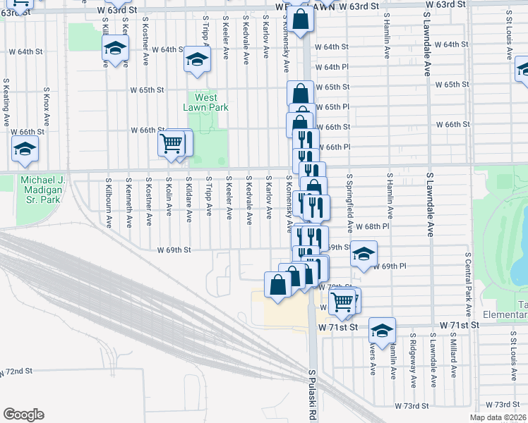 map of restaurants, bars, coffee shops, grocery stores, and more near 6817 South Kedvale Avenue in Chicago