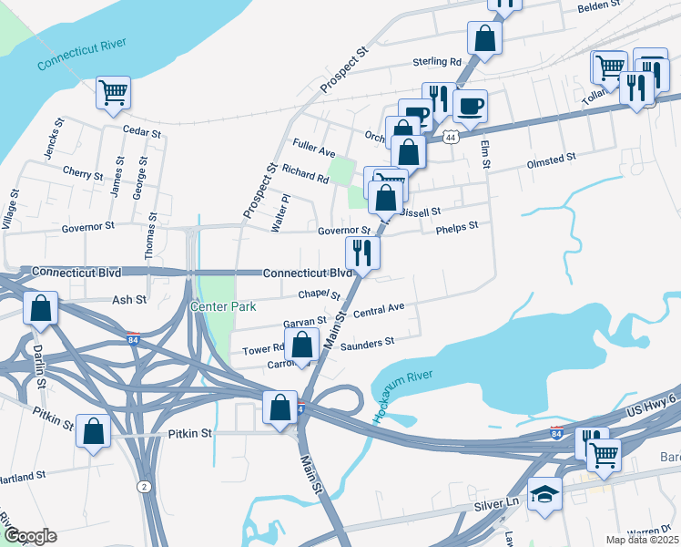 map of restaurants, bars, coffee shops, grocery stores, and more near 53 Connecticut Boulevard in East Hartford