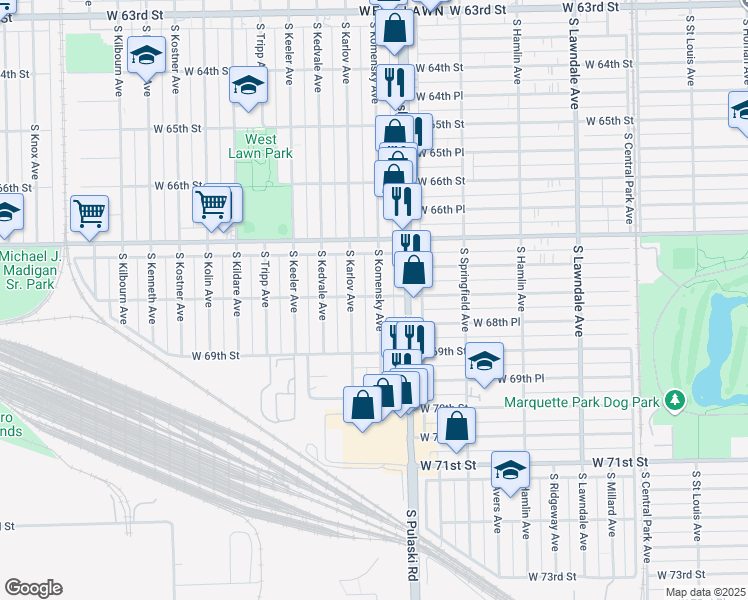 map of restaurants, bars, coffee shops, grocery stores, and more near 6800 South Komensky Avenue in Chicago