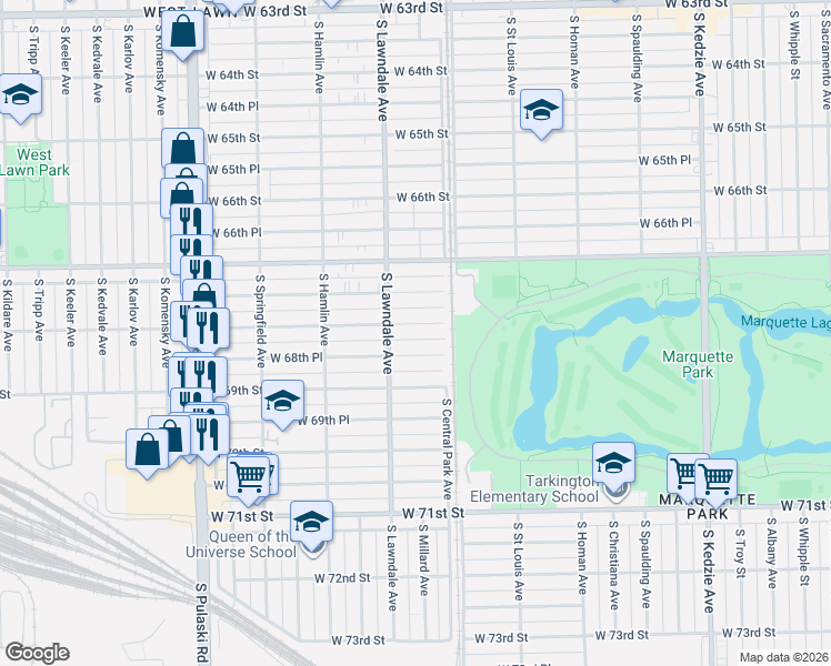 map of restaurants, bars, coffee shops, grocery stores, and more near 3626 West 68th Place in Chicago