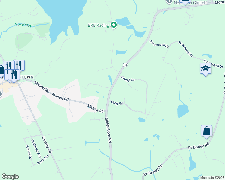 map of restaurants, bars, coffee shops, grocery stores, and more near 108 Middleboro Road in Freetown