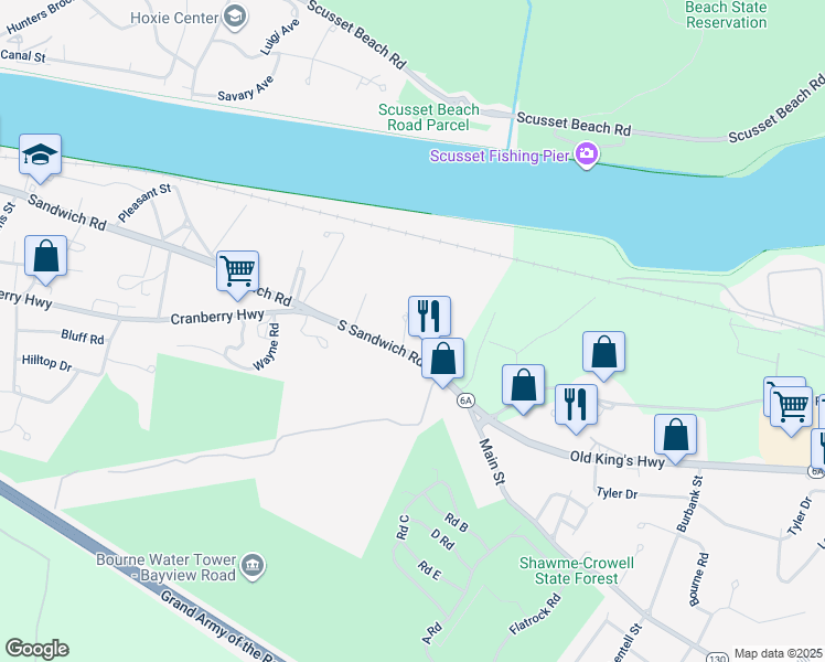 map of restaurants, bars, coffee shops, grocery stores, and more near 1105 Sandwich Road in Bourne
