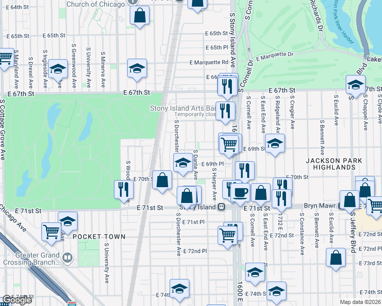 map of restaurants, bars, coffee shops, grocery stores, and more near 6923 South Dante Avenue in Chicago