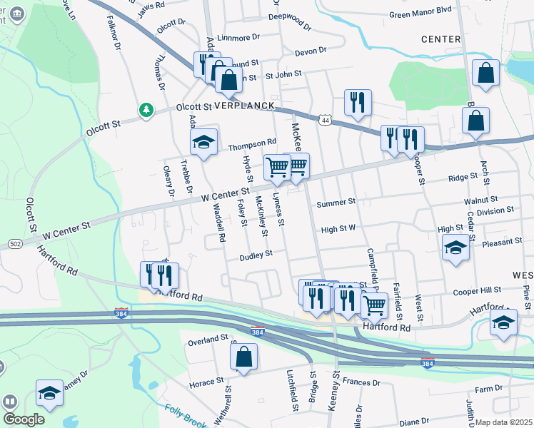map of restaurants, bars, coffee shops, grocery stores, and more near 44 McKinley Street in Manchester