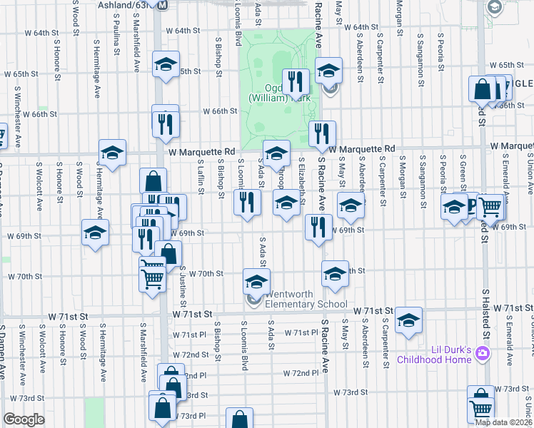 map of restaurants, bars, coffee shops, grocery stores, and more near 6858 South Throop Street in Chicago