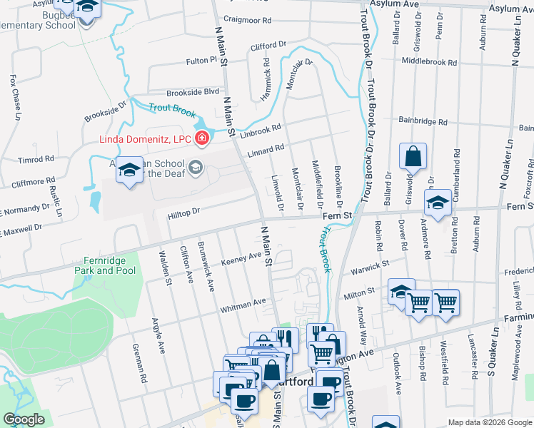 map of restaurants, bars, coffee shops, grocery stores, and more near 108 North Main Street in West Hartford