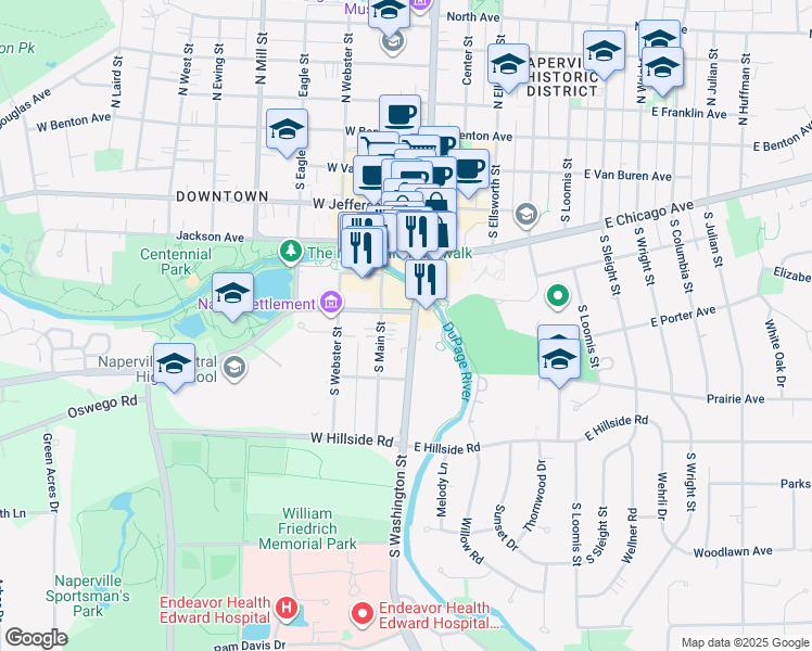 map of restaurants, bars, coffee shops, grocery stores, and more near 535 South Washington Street in Naperville