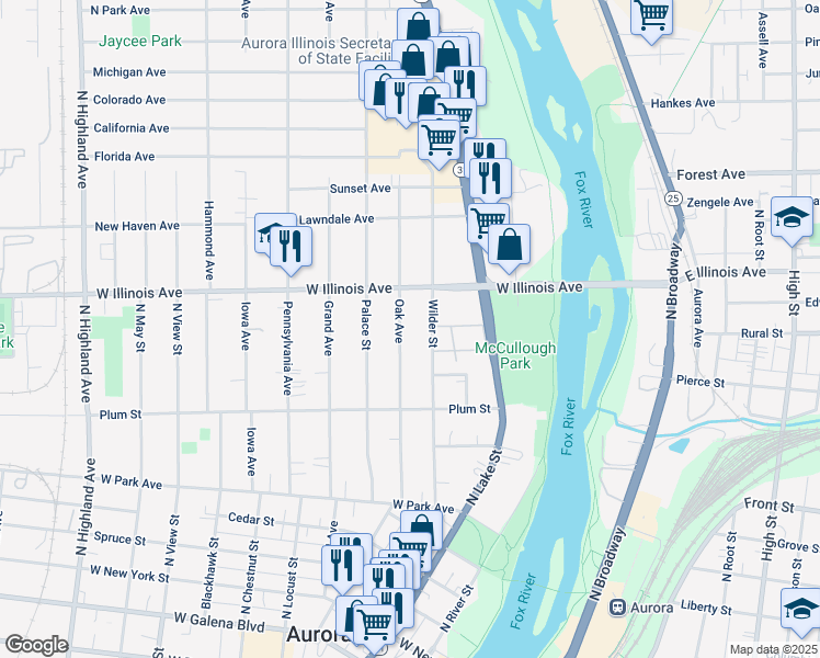 map of restaurants, bars, coffee shops, grocery stores, and more near 602 Oak Avenue in Aurora