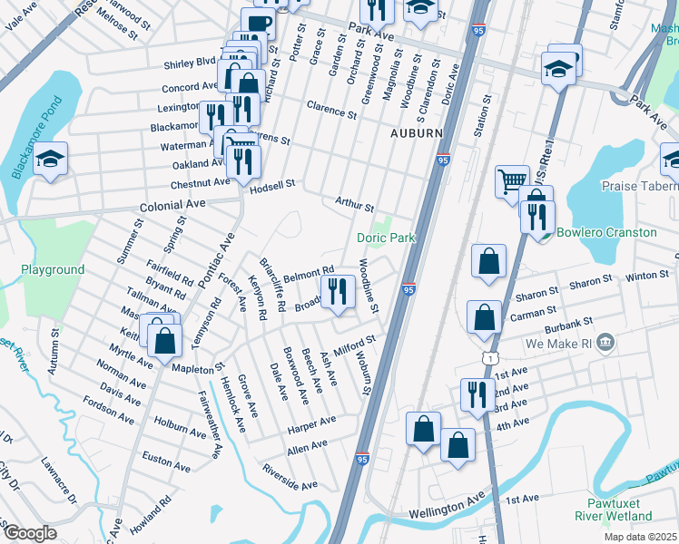 map of restaurants, bars, coffee shops, grocery stores, and more near 18 Somerset Road in Cranston