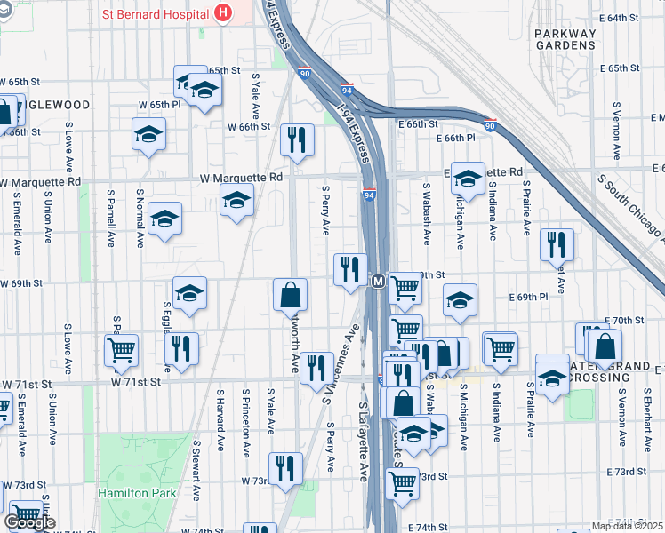 map of restaurants, bars, coffee shops, grocery stores, and more near 6847 South Perry Avenue in Chicago