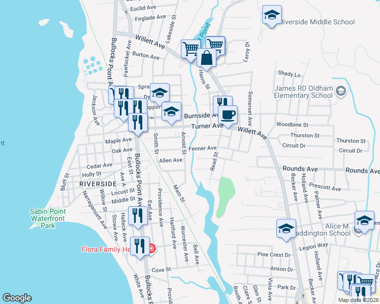 map of restaurants, bars, coffee shops, grocery stores, and more near 99 Allen Avenue in East Providence