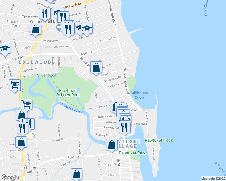 map of restaurants, bars, coffee shops, grocery stores, and more near 2072 Broad Street in Cranston