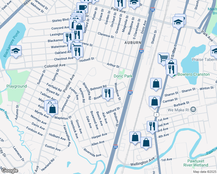 map of restaurants, bars, coffee shops, grocery stores, and more near 18 Somerset Road in Cranston