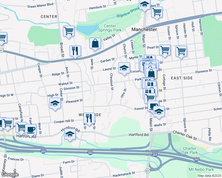 map of restaurants, bars, coffee shops, grocery stores, and more near 153 Chestnut Street in Manchester