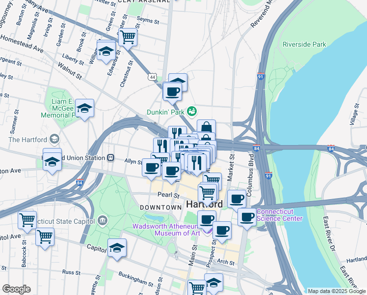 map of restaurants, bars, coffee shops, grocery stores, and more near 48 Church Street in Hartford