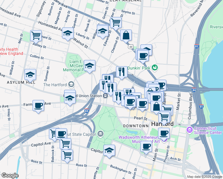 map of restaurants, bars, coffee shops, grocery stores, and more near 54 Union Place in Hartford
