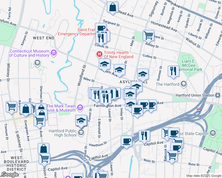 map of restaurants, bars, coffee shops, grocery stores, and more near 341 Laurel Street in Hartford