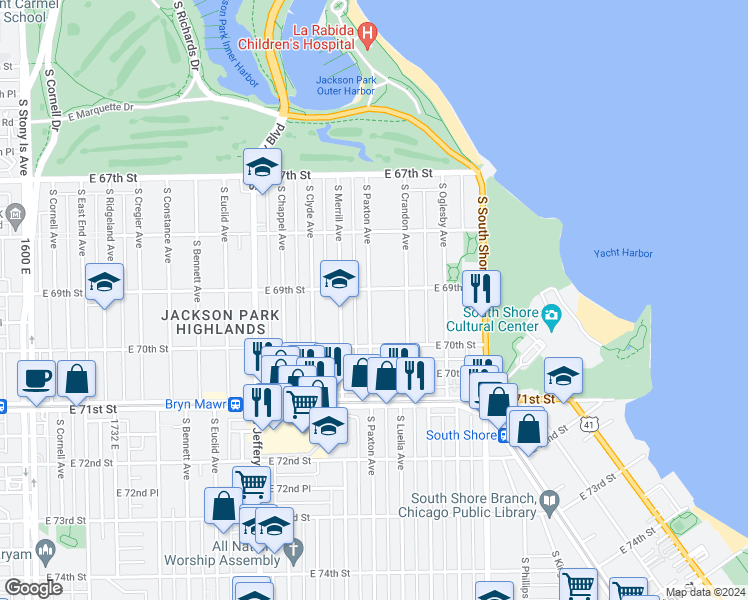 map of restaurants, bars, coffee shops, grocery stores, and more near 6917 South Paxton Avenue in Chicago