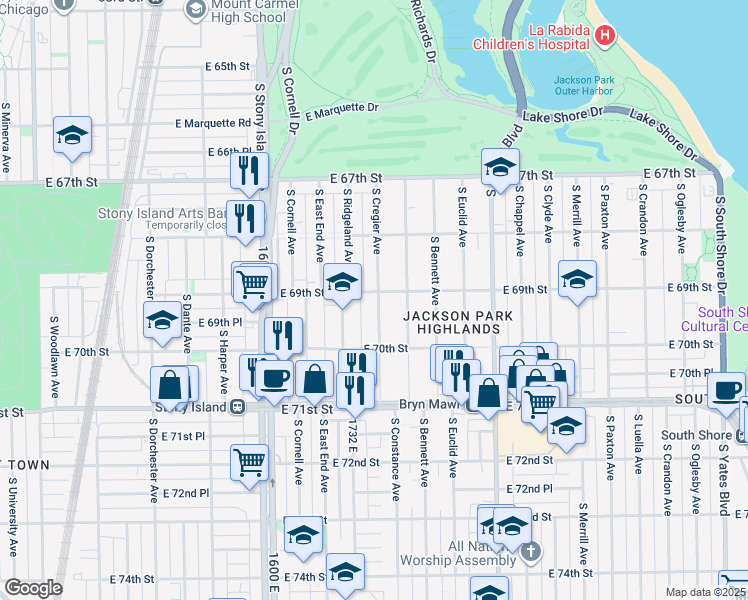 map of restaurants, bars, coffee shops, grocery stores, and more near 6926 South Cregier Avenue in Chicago
