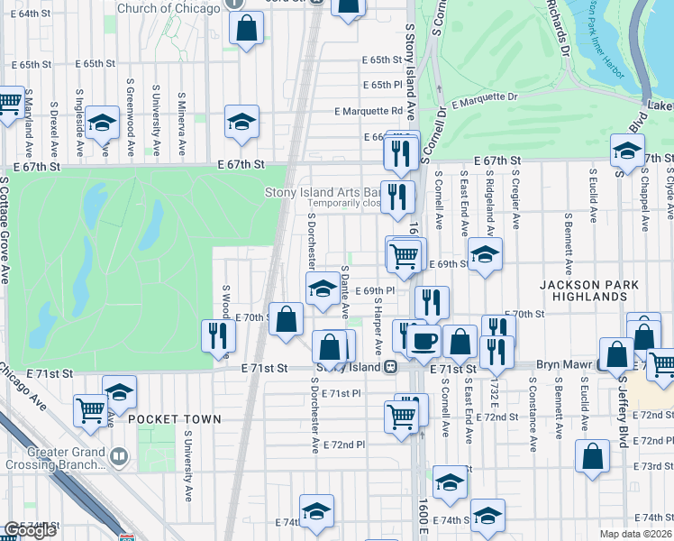 map of restaurants, bars, coffee shops, grocery stores, and more near 6923 South Dante Avenue in Chicago