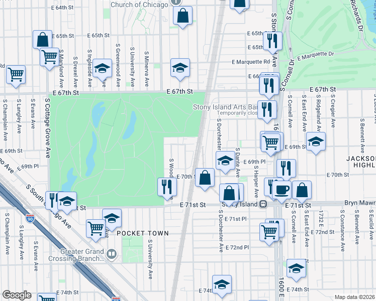 map of restaurants, bars, coffee shops, grocery stores, and more near 6930 South Kimbark Avenue in Chicago