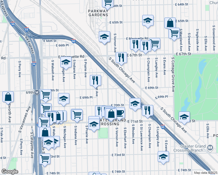 map of restaurants, bars, coffee shops, grocery stores, and more near 6909 South King Drive in Chicago