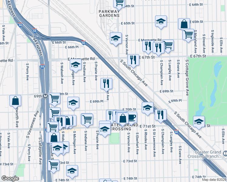 map of restaurants, bars, coffee shops, grocery stores, and more near 6905 South Calumet Avenue in Chicago