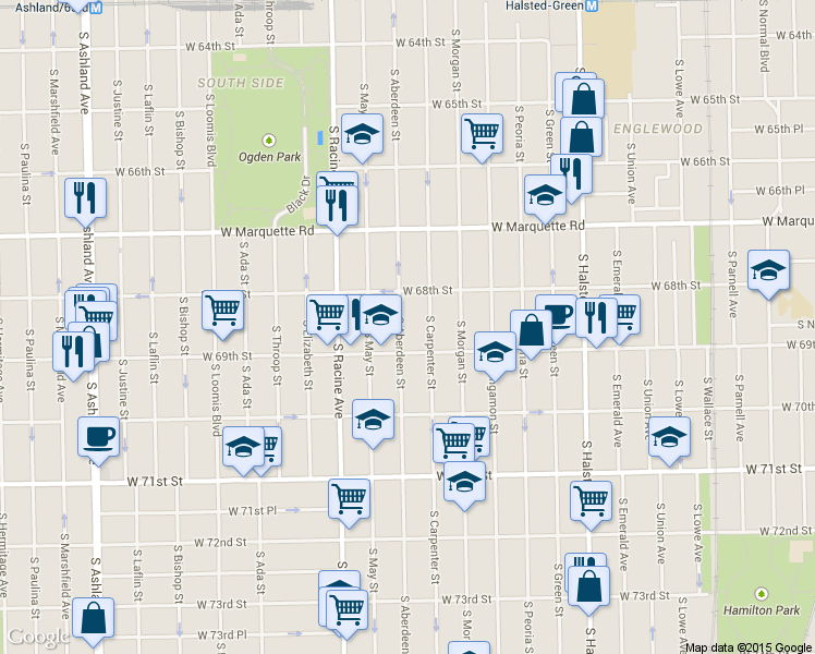 map of restaurants, bars, coffee shops, grocery stores, and more near 1038 West 69th Street in Chicago