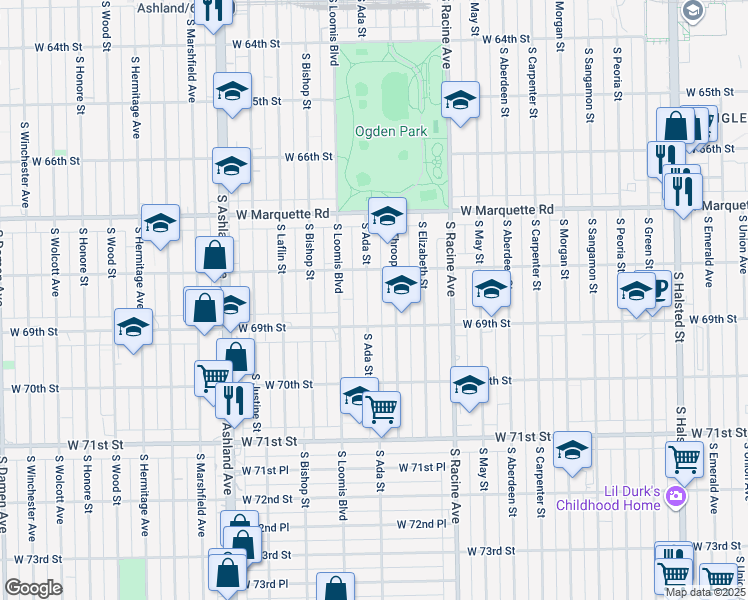 map of restaurants, bars, coffee shops, grocery stores, and more near 6858 South Throop Street in Chicago
