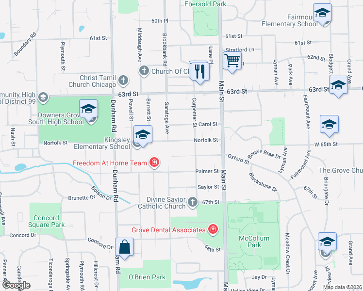 map of restaurants, bars, coffee shops, grocery stores, and more near 1128 Oxford Street in Downers Grove