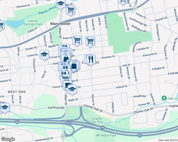 map of restaurants, bars, coffee shops, grocery stores, and more near 88 Oak Street in Manchester