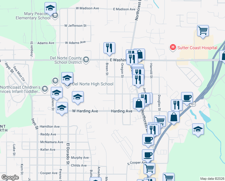 map of restaurants, bars, coffee shops, grocery stores, and more near 127 East Coolidge Avenue in Crescent City