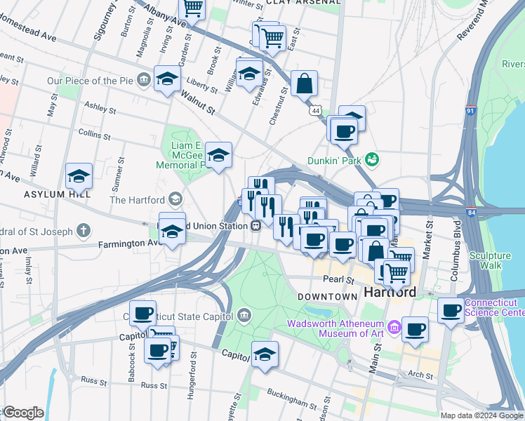 map of restaurants, bars, coffee shops, grocery stores, and more near 82 Union Place in Hartford