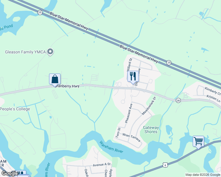 map of restaurants, bars, coffee shops, grocery stores, and more near 2697 Cranberry Highway in Wareham